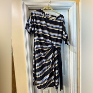 New York & Company Asymmetrical Dress in Blue, Navy and Gold Stripes